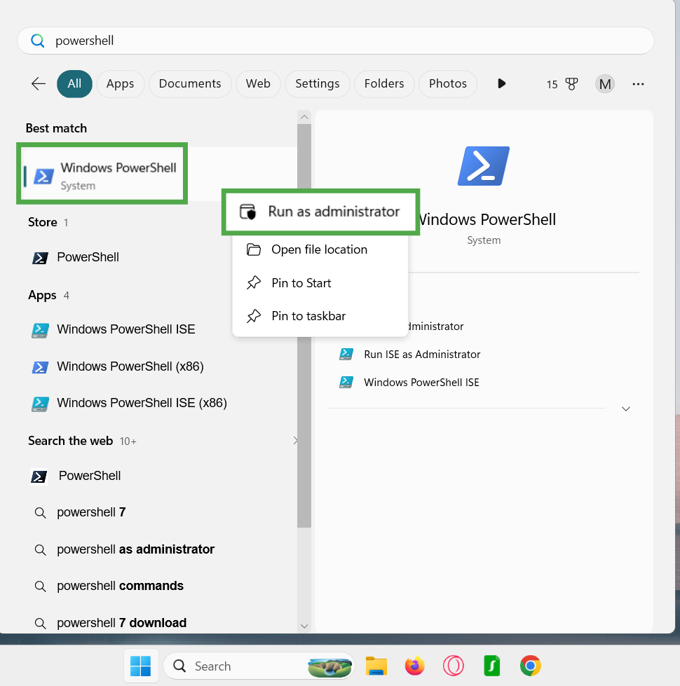 Start Menu showing the "Windows PowerShell" and the "run as administrator" option highlighted.