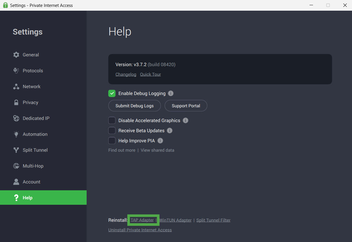 PIA app showing the "TAP Adapter" option highlighted in the "Reinstall" section.