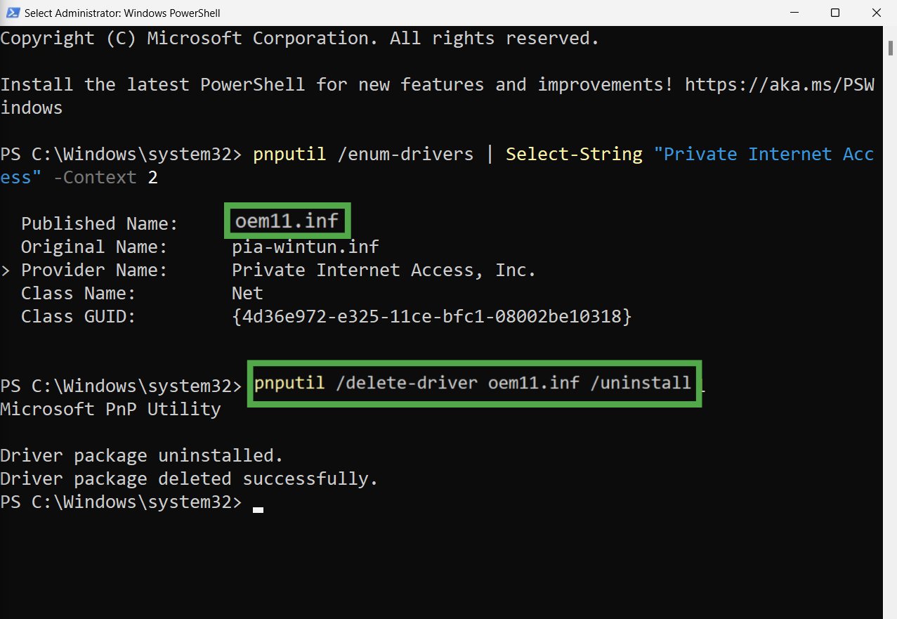 PowerShell showing the TAP driver commands.