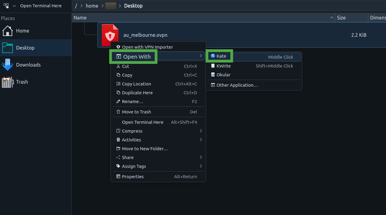Linux folder showing the "Open With" and "Kate" options highlights for a PIA OpenVPN configuration.