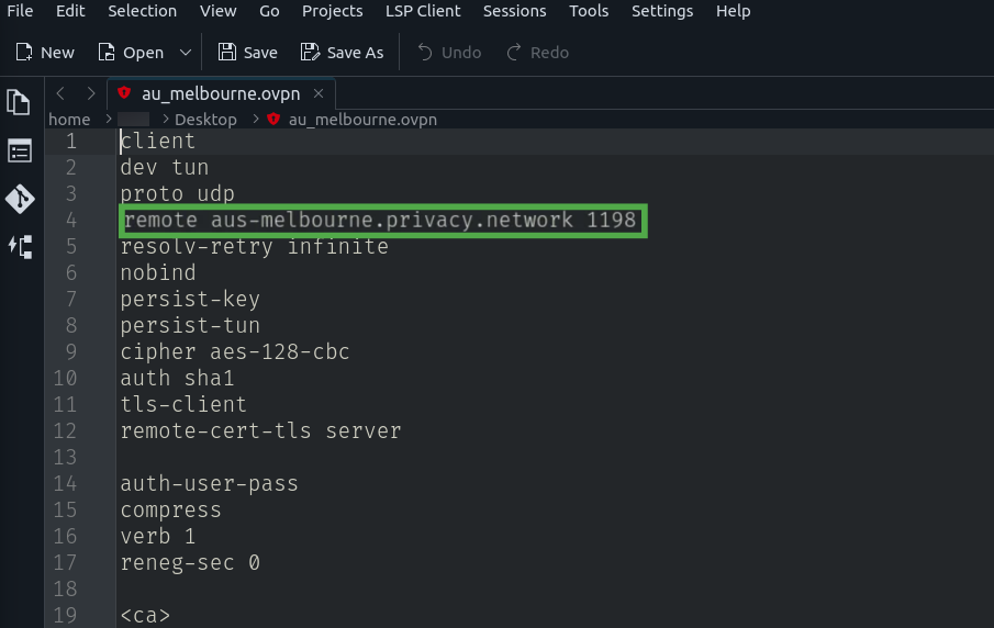 OpenVPN configuration file showing the server hostname and the port number highlighted.