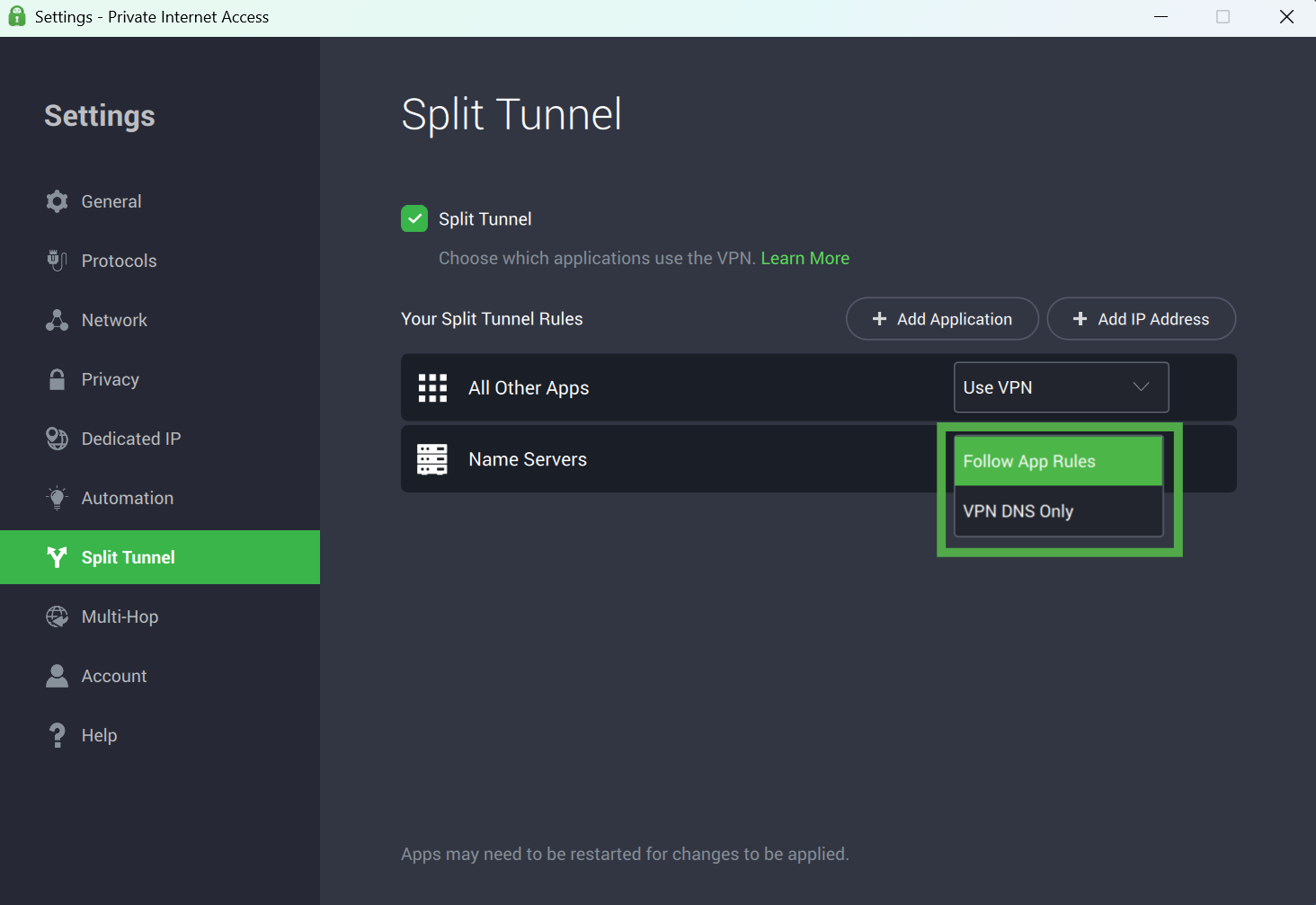 Private Internet Access "Split Tunnel" settings screen, showing the Name Servers dropdown menu with "Follow App Rules" and "VPN DNS Only" highlighted in a green box.