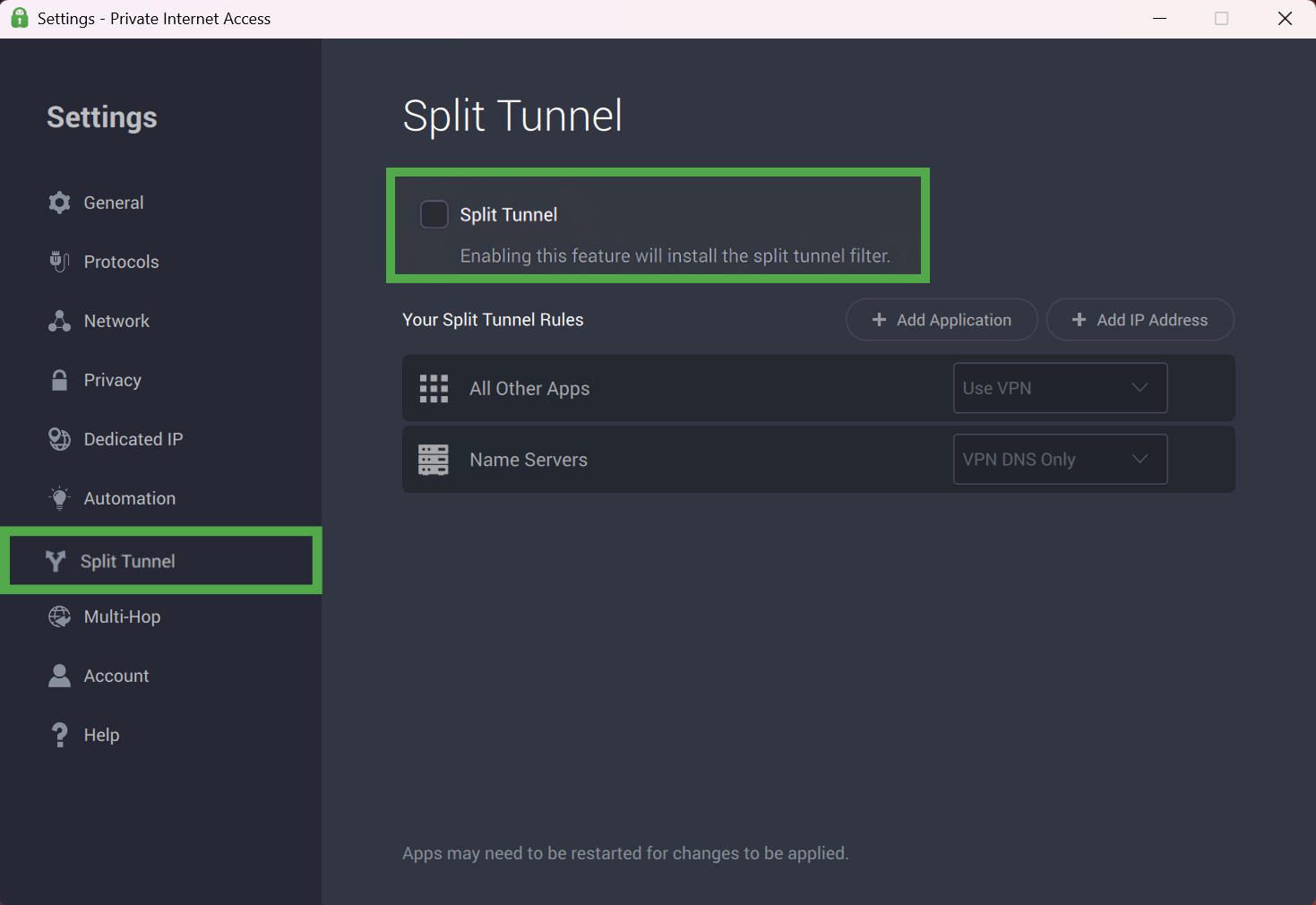 Private Internet Access "Split Tunnel" settings screen, with the "Split Tunnel" checkbox highlighted in a green box.
