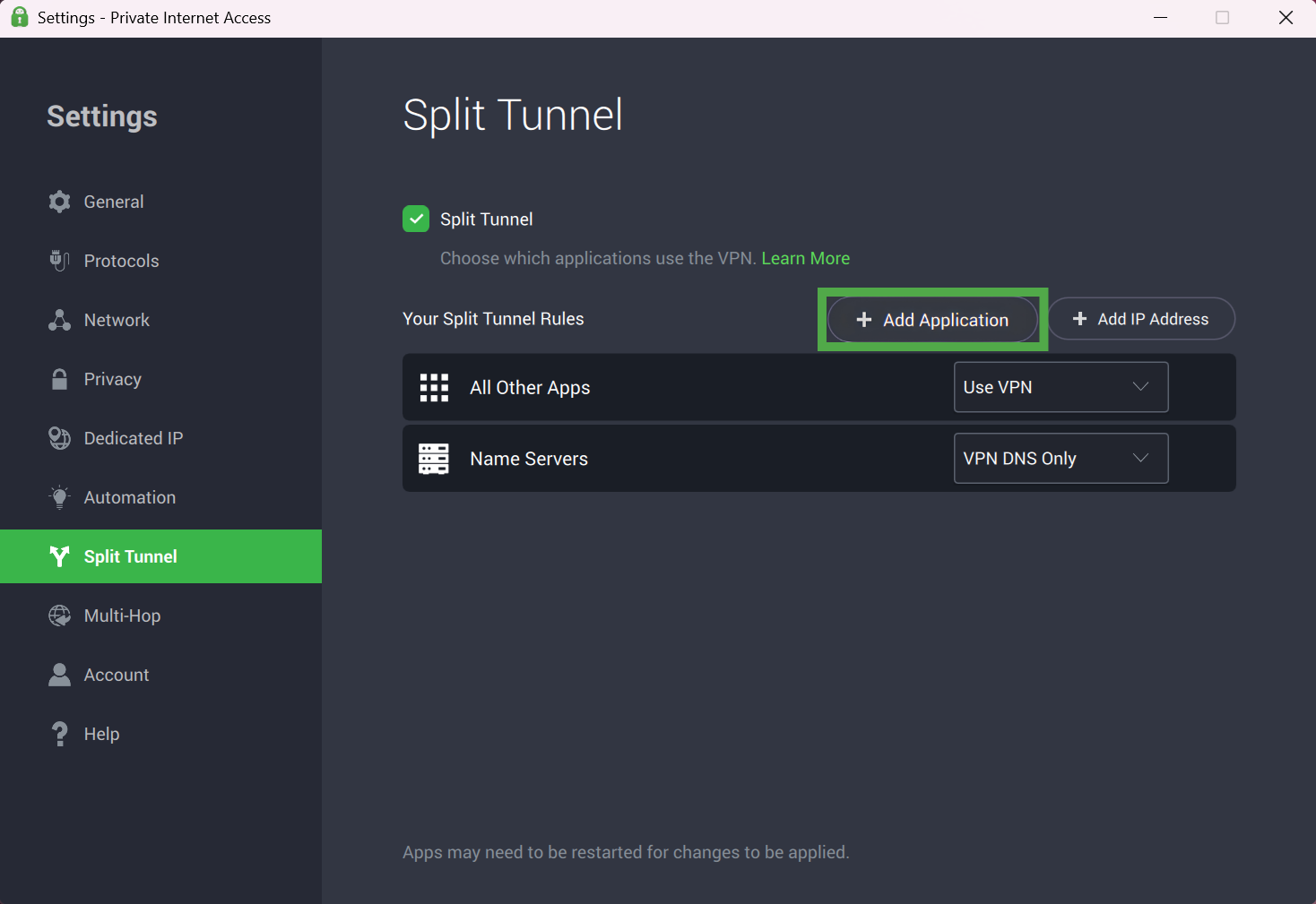 Private Internet Access "Split Tunnel" settings screen, with the "Add Application" button highlighted in a green box.