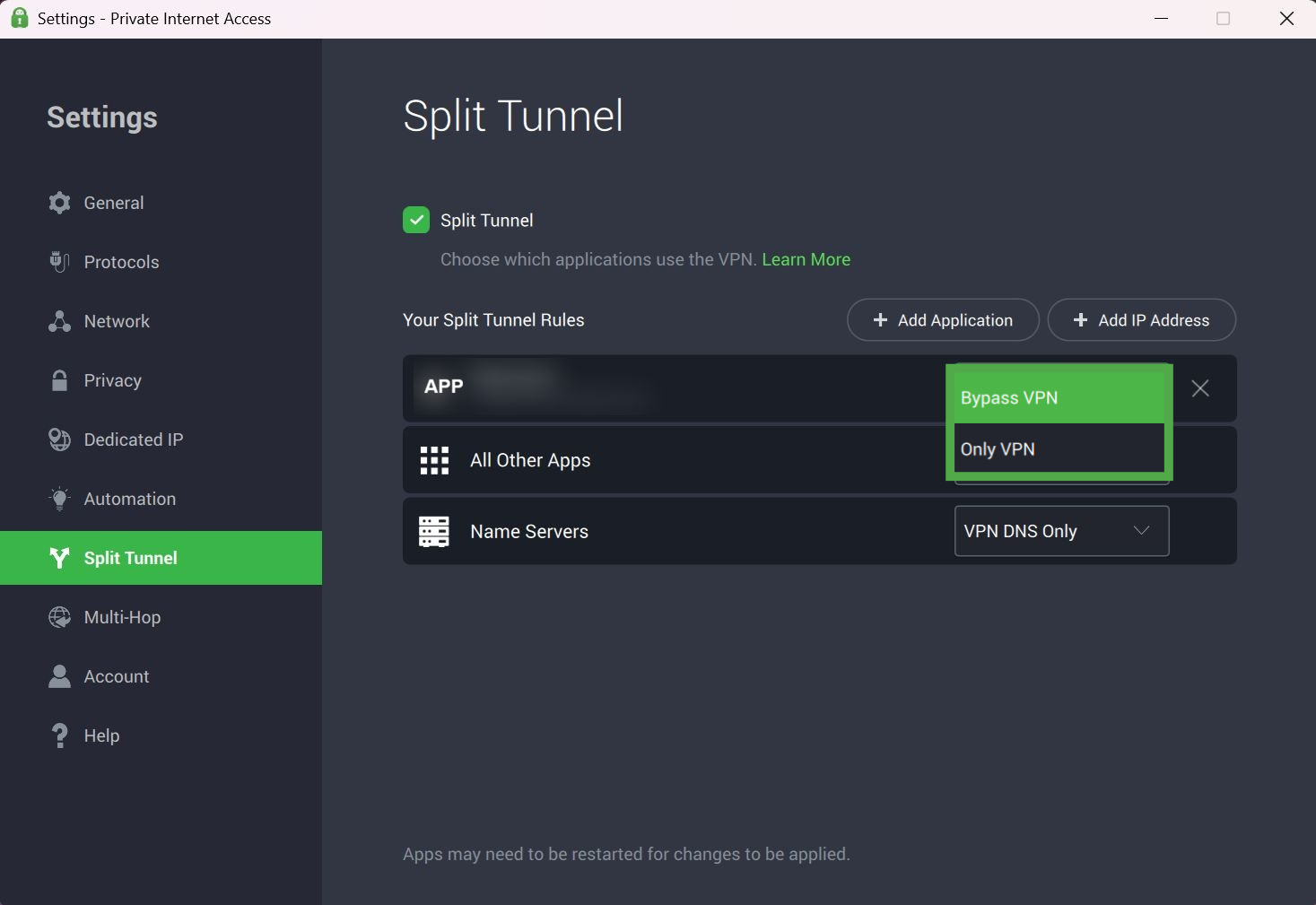 Private Internet Access "Split Tunnel" rules list, showing an application rule with the "Bypass VPN" and "Only VPN" selection menu highlighted in a green box.