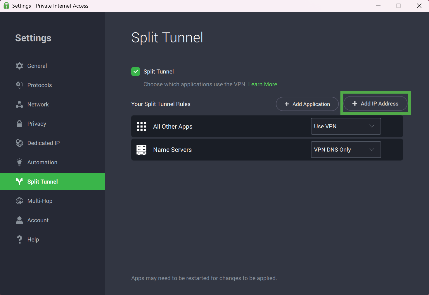 Private Internet Access "Split Tunnel" settings screen, with the "Add IP Address" button highlighted in a green box.
