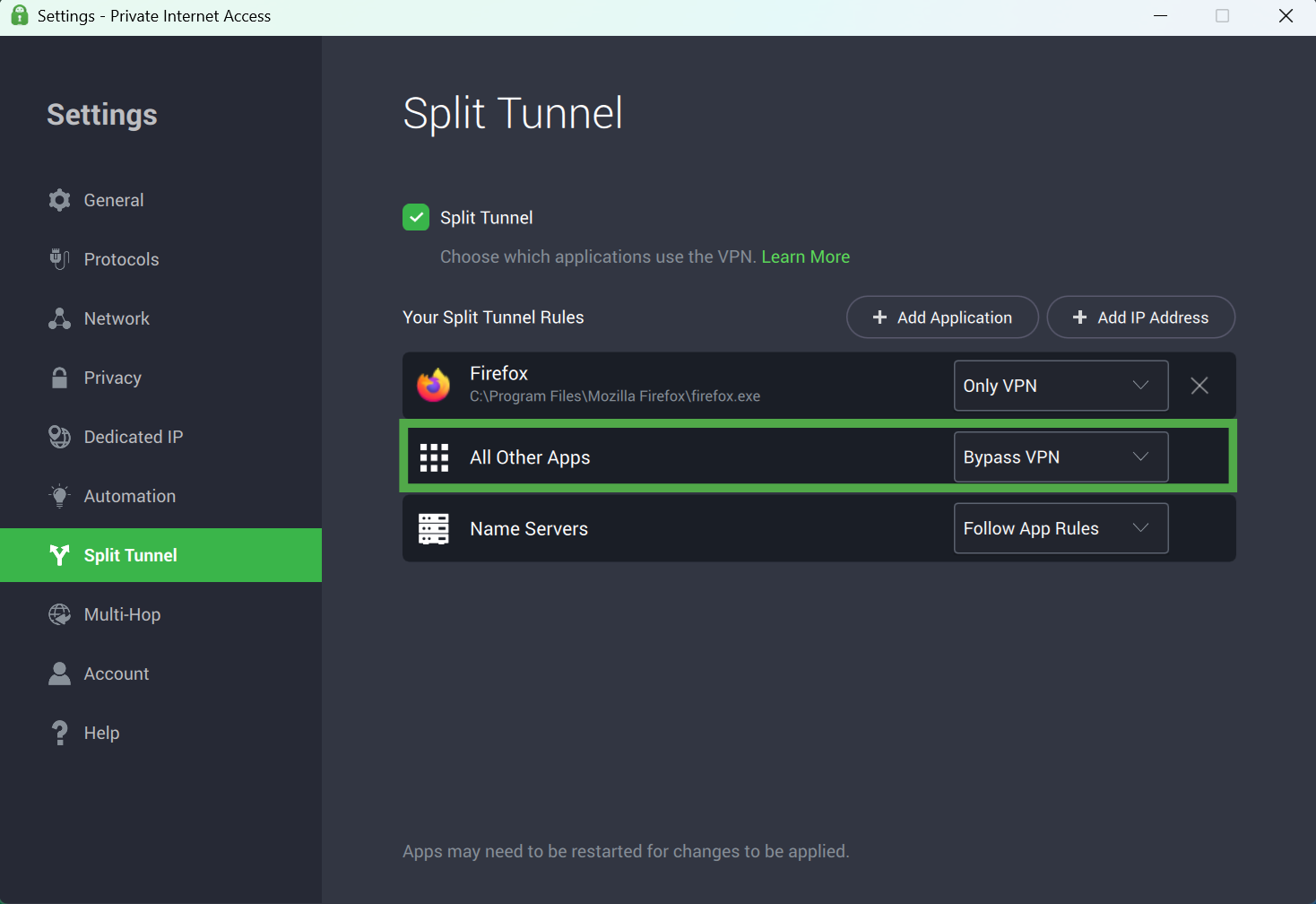 The Split Tunnel tab in the PIA app for desktop, with a highlighted "All Other Apps" option.