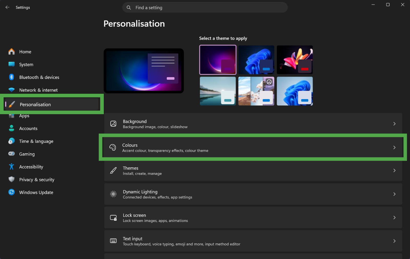 Windows "Personalisation" settings screen, with the "Personalisation" category selected in the left sidebar and the "Colours" menu option highlighted in a green box.