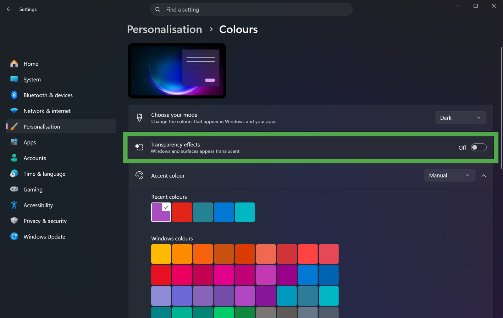 Windows "Personalisation > Colours" settings screen, with the "Transparency effects" toggle set to "On" and highlighted in a green box.