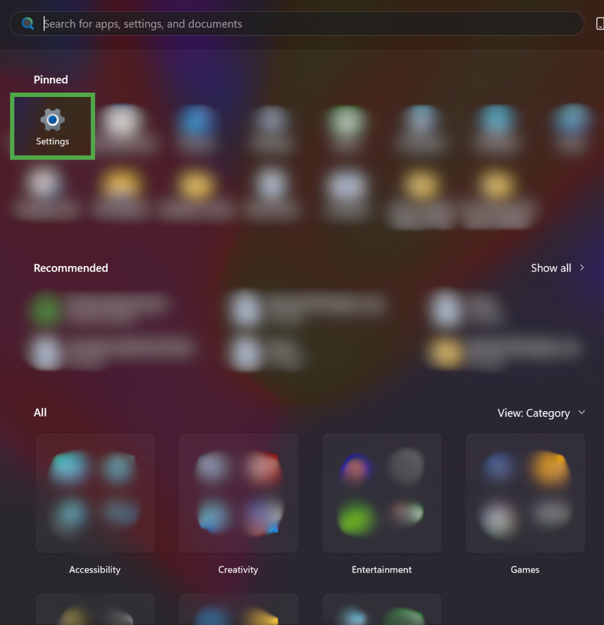 Windows 11 Start menu with the "Settings" app highlighted in a green box within the "Pinned" section.