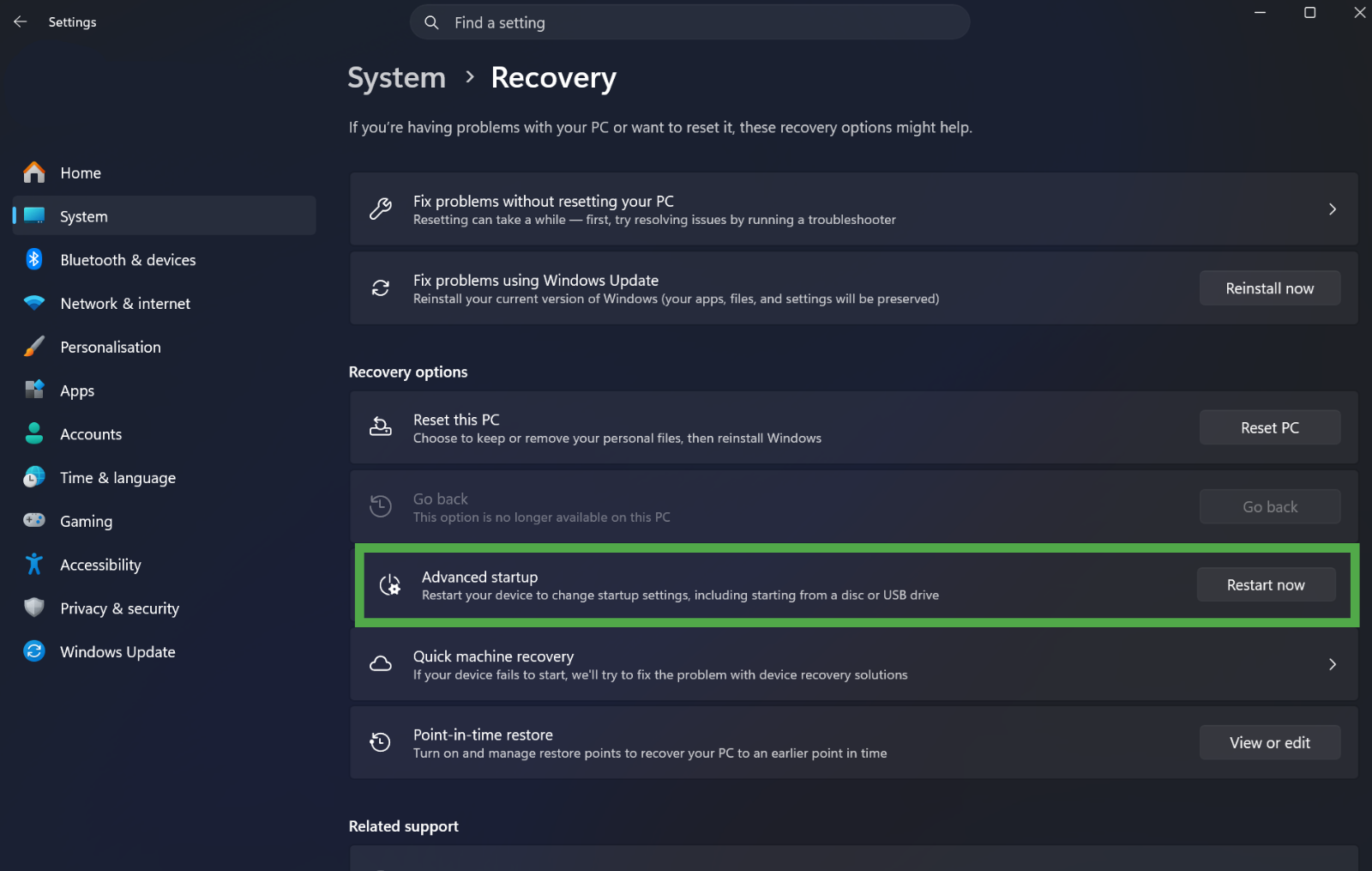 Windows Settings menu with "System" selected in the left sidebar and "Recovery" highlighted in a green box in the main view.