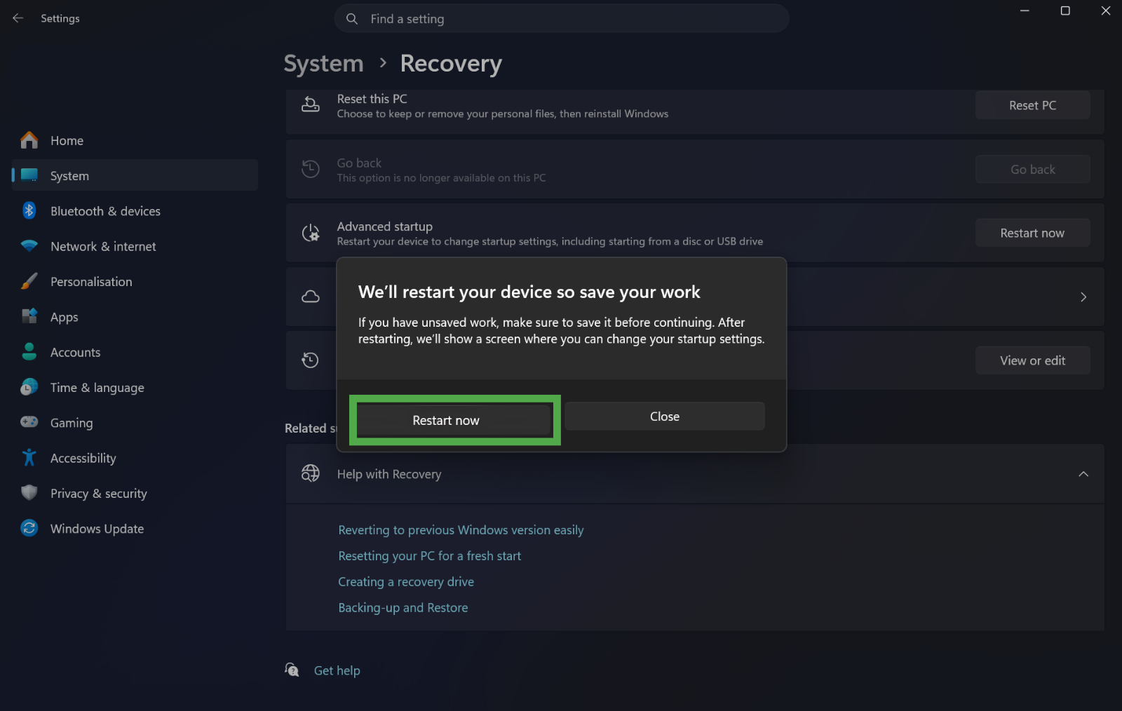 Windows Settings menu with "System" selected in the left sidebar and "Recovery" highlighted in a green box in the main view.