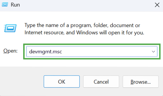 Windows "Run" dialog box with the command "devmgmt.msc" entered in the open field, highlighted in a green box.