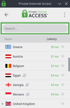 PIA VPN servers list and direct search option.
