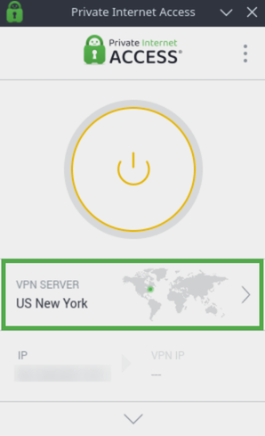 PIA VPN dashboard with the VPN server menu highlighted.