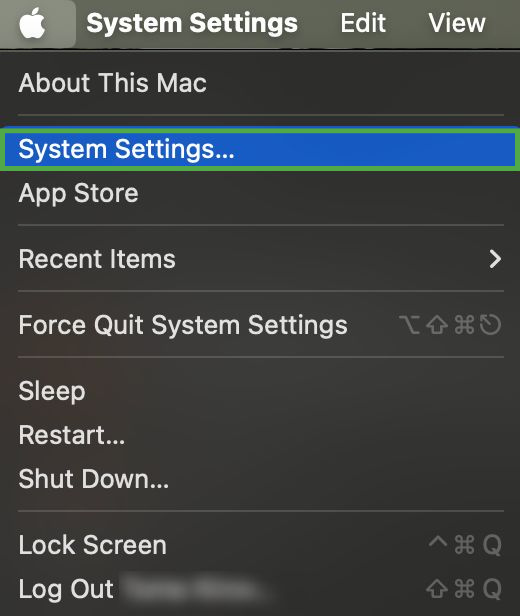 Apple's menu, showing "System Settings" highlighted.