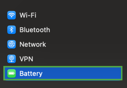 The "Battery" option highlighted in macOS System Settings menu.