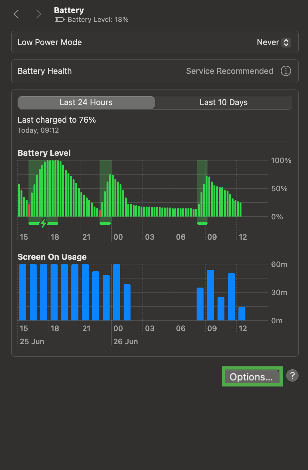 The Battery screen on macOS, with a highlighted "Options" button.
