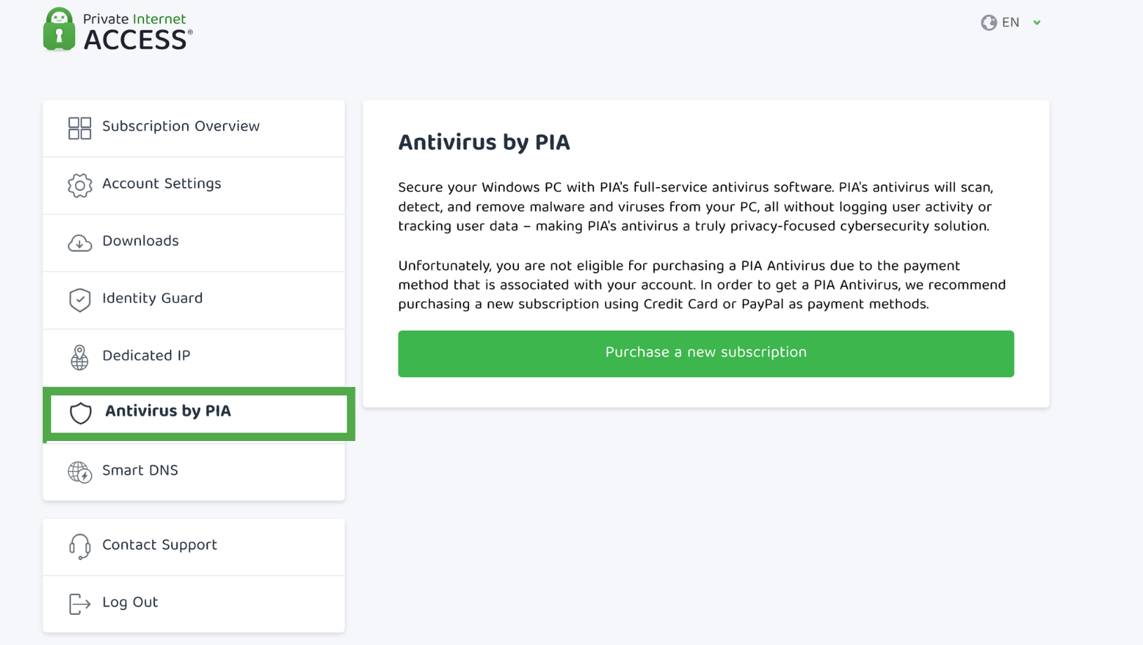 PIA Control Panel with Antivirus by PIA selected.