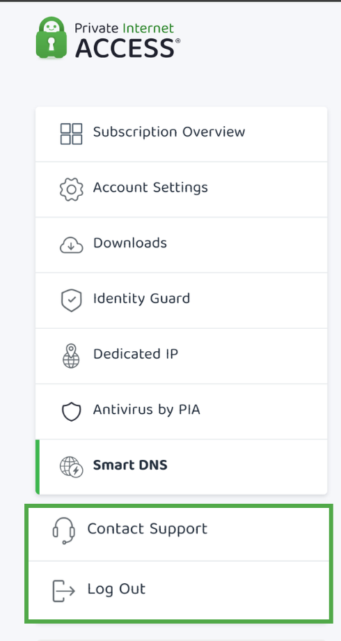PIA Control Panel menu with Contact Support and Log Out links highlighted.