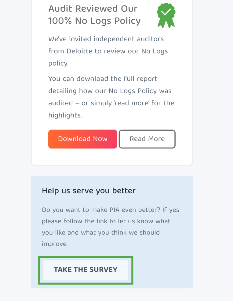 PIA Control Panel left hand menu with Take the Survey highlighted.