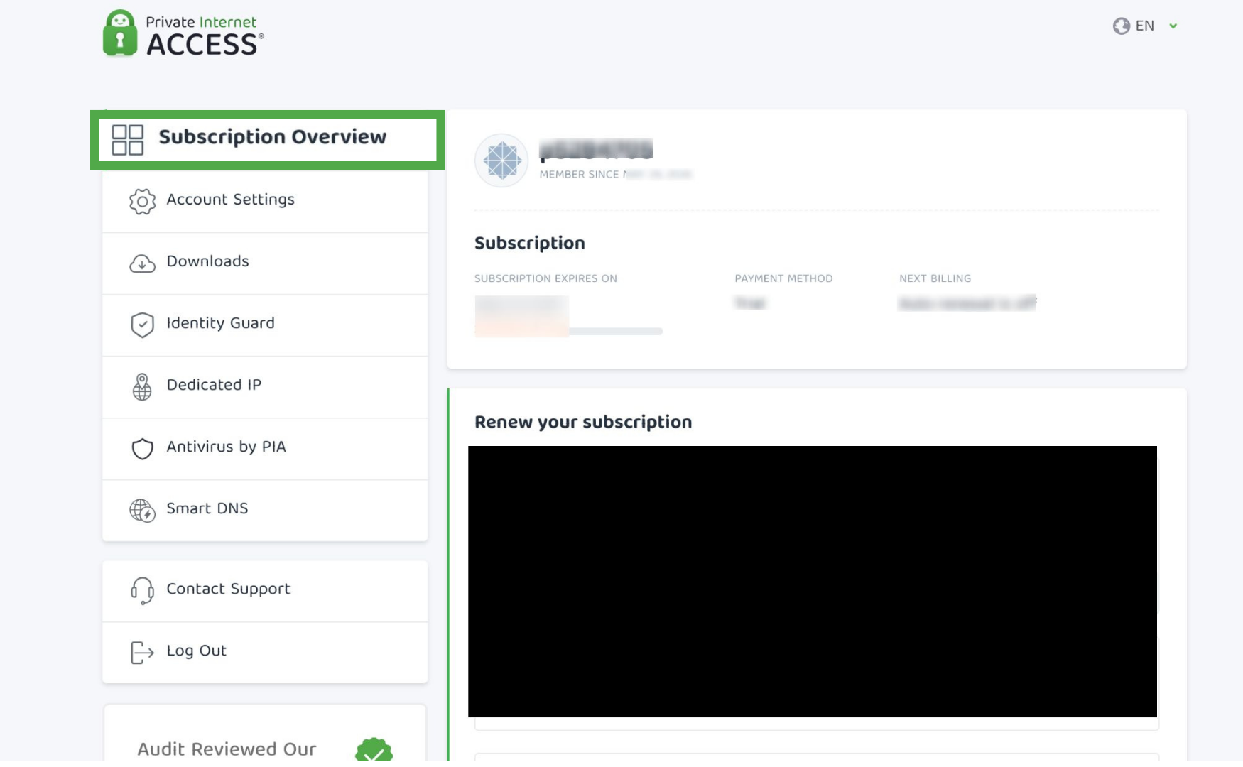 PIA Control Panel with Subscription Overview selected.