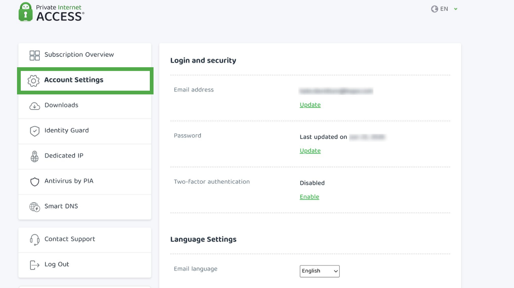 PIA Control Panel with Account Settings selected.