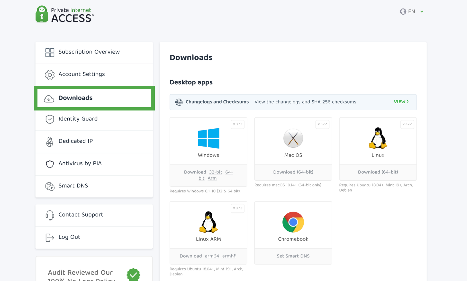 PIA Control Panel with Downloads selected.