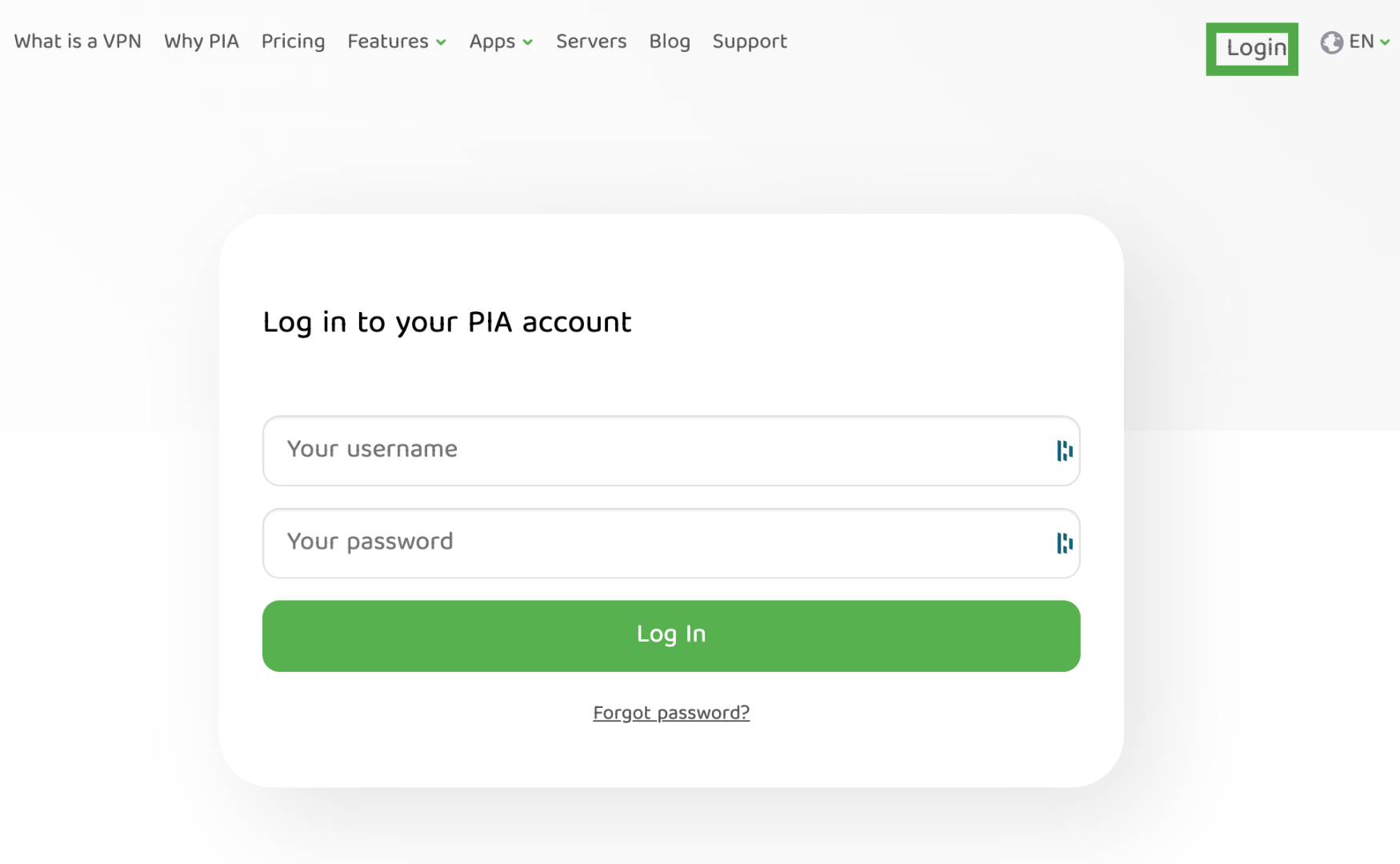 PIA login screen.