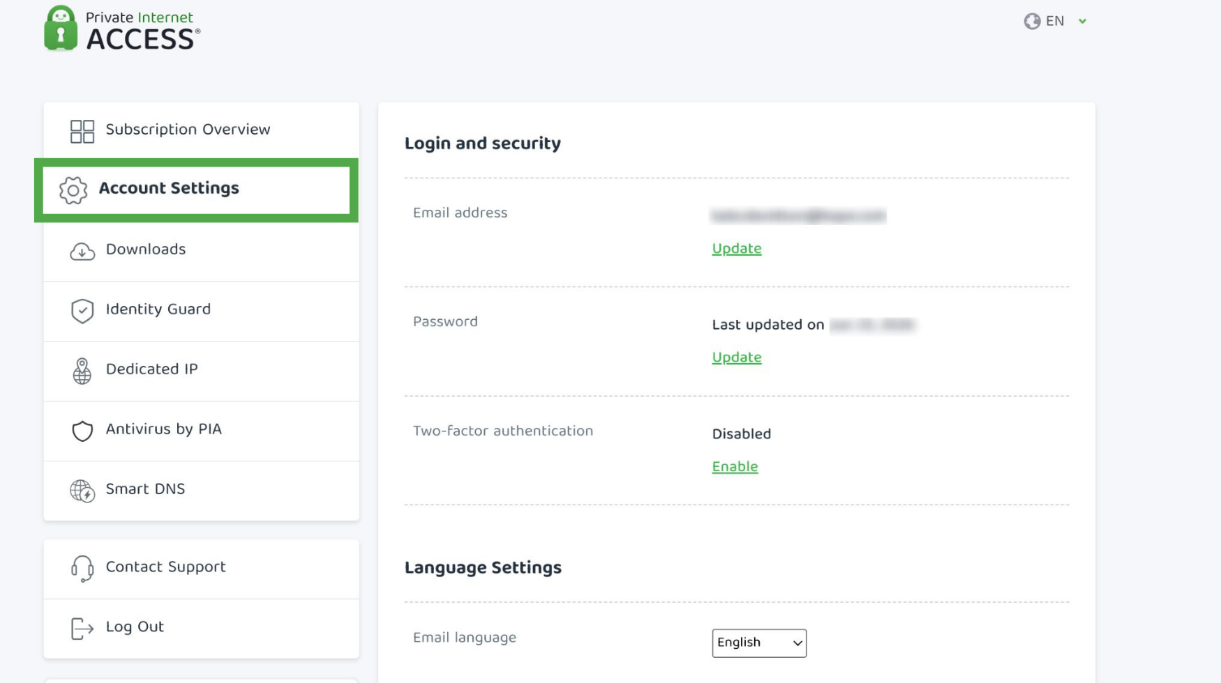 PIA Client Control Panel with Account Settings highlighted.