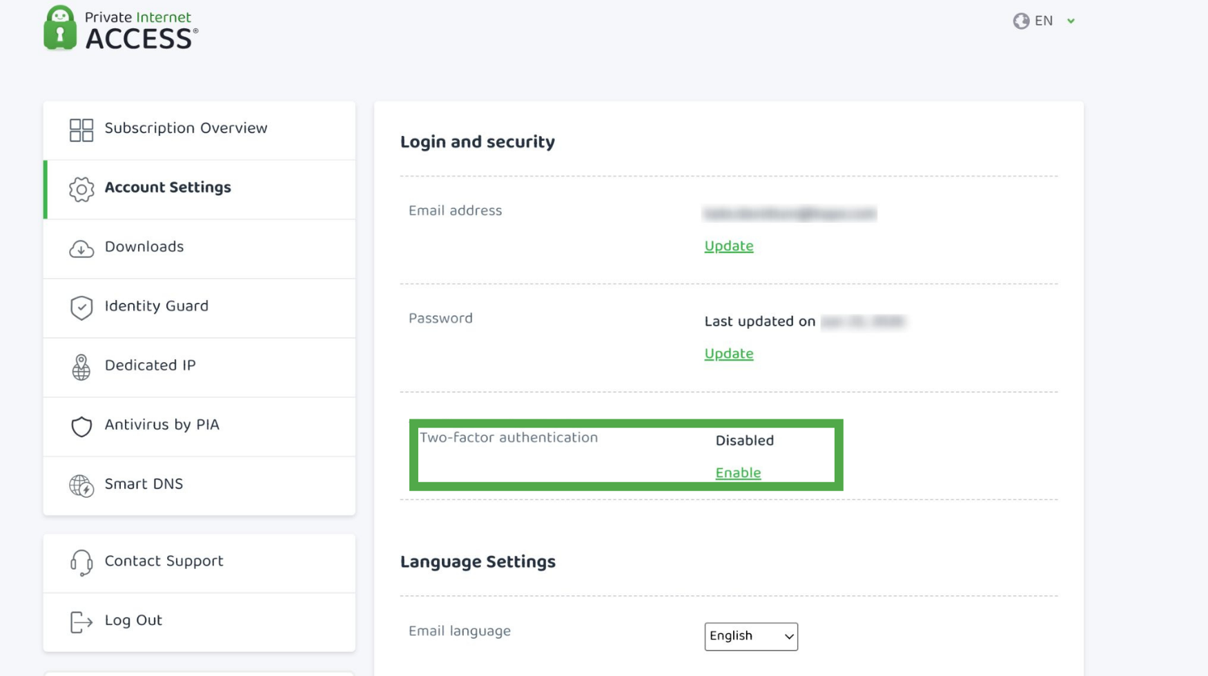 PIA Client Control Panel with 2FA settings highlighted.