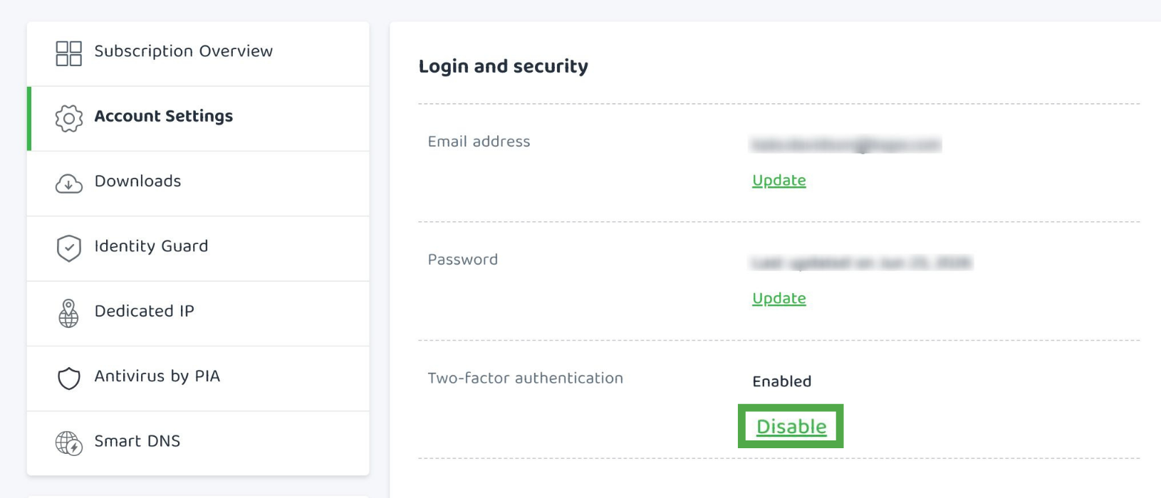 PIA Account Settings with Disable 2FA option highlighted.