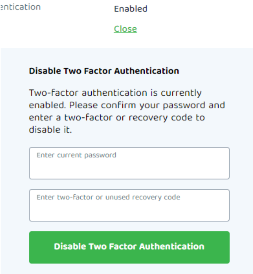 PIA screen confirming the disabling of 2FA.