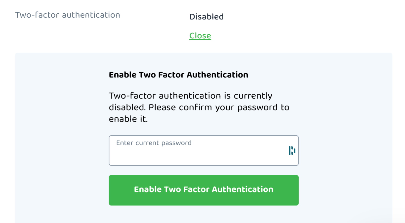 PIA Enable Two Factor Authentication screen.