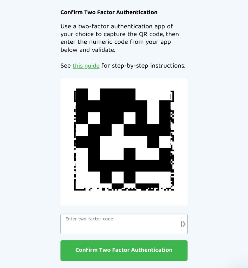 PIA 2FA confirmation screen with QR code.