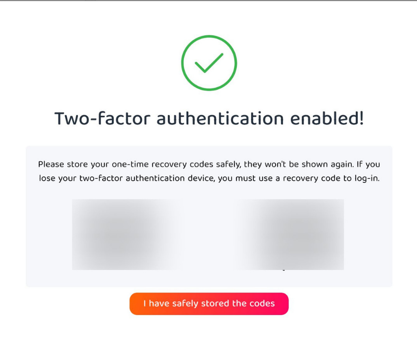 PIA 2FA confirmation screen with recovery codes.