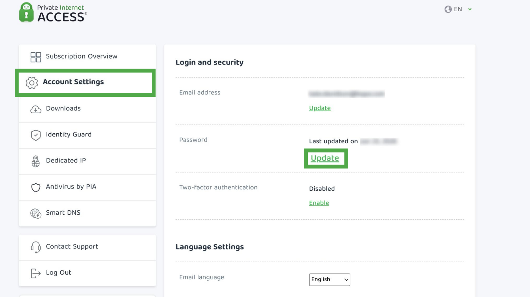PIA account settings with Update password setting highlighted.