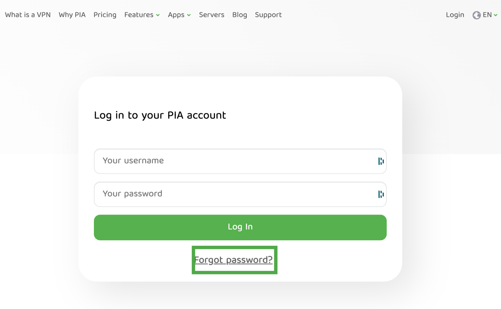 PIA login screen with Forgot password? highlighted.
