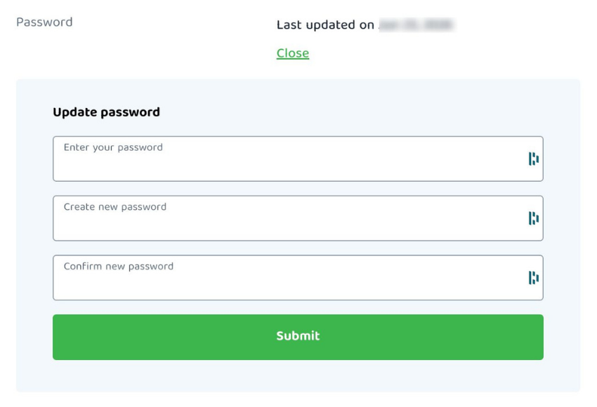 PIA update password screen accessed via account settings.