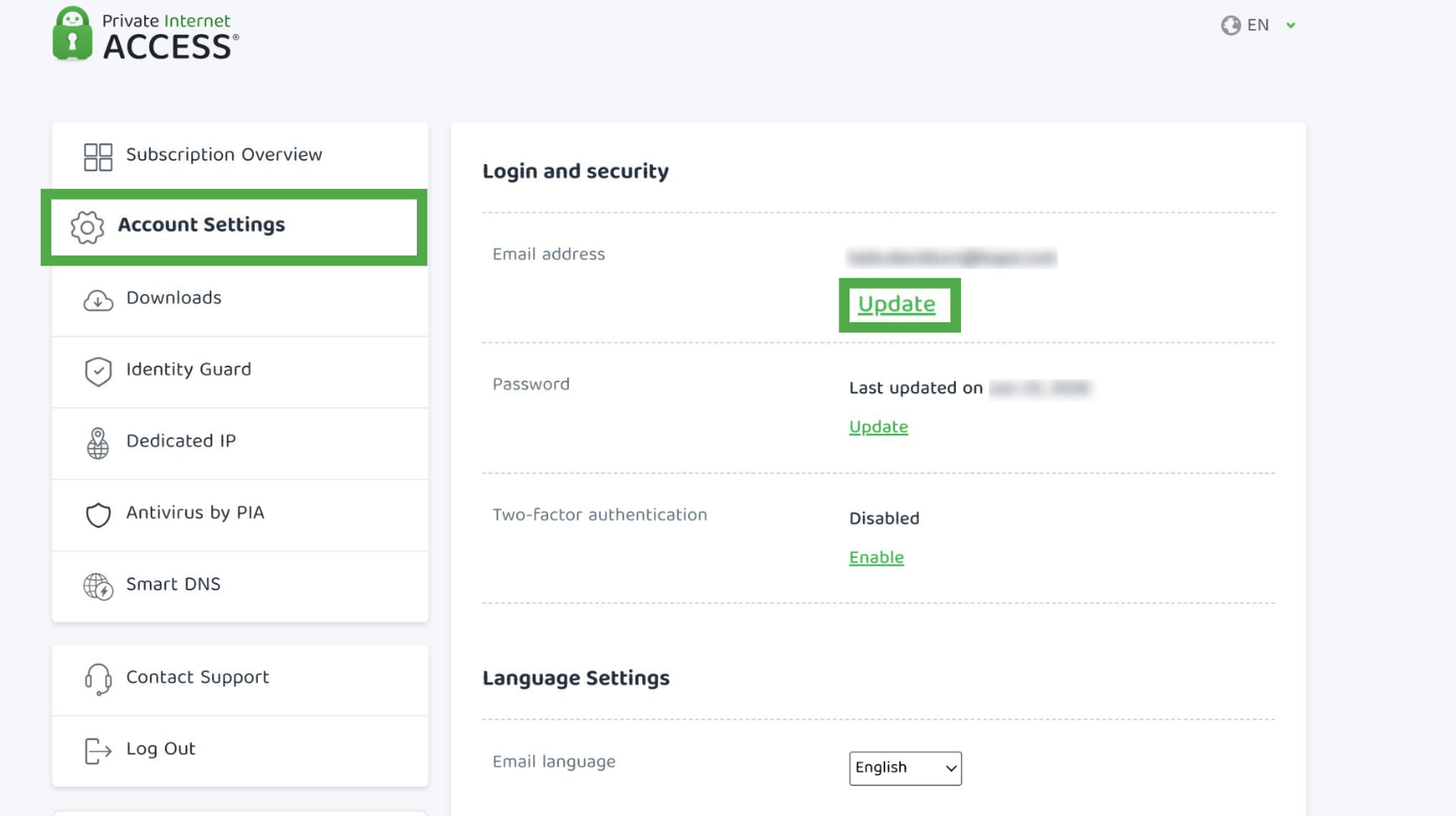 PIA account settings with Update email address option highlighted.