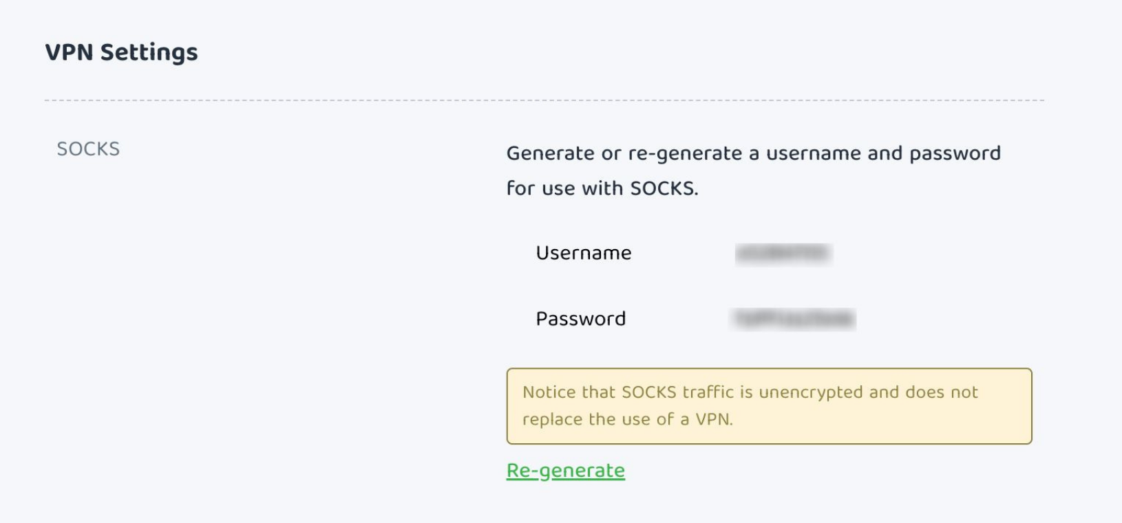 PIA SOCKS settings with Username and Password generated.