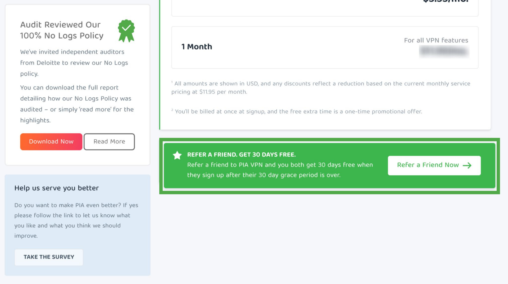 PIA Subscription Overview screen with Refer a Friend highlighted.