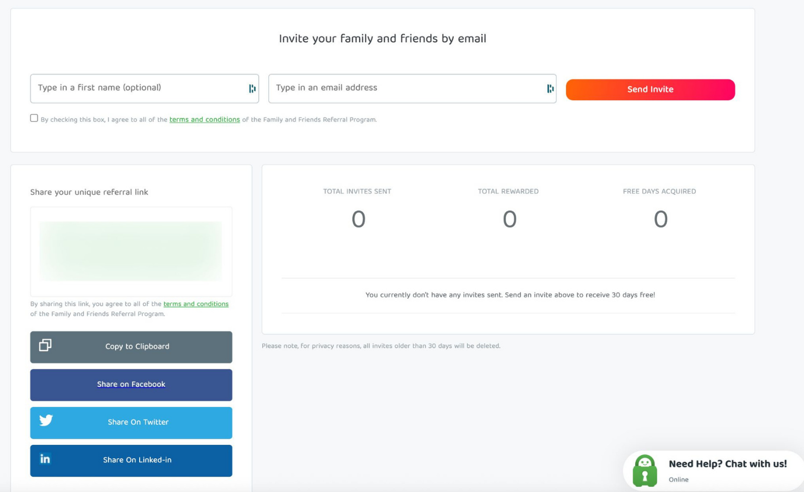 PIA Refer a Friend dashboard screen.