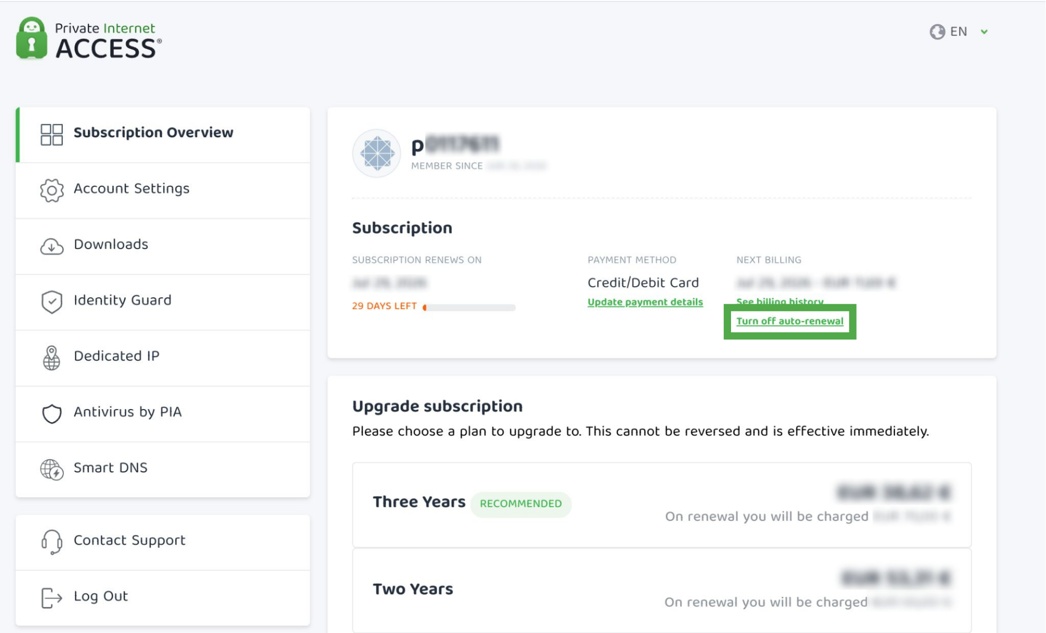 The PIA Client Control Panel, with a highlighted "Turn off auto-renewal" option.