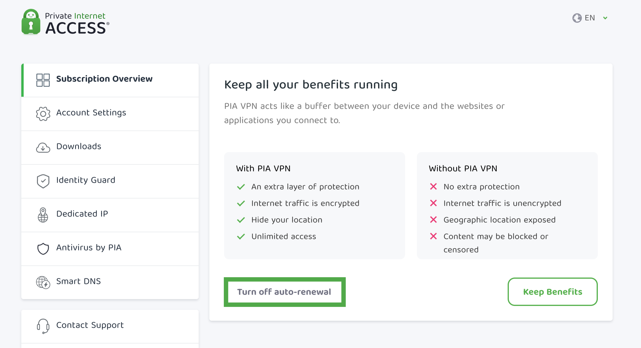 The "Turn off auto-renewal" option highlighted under a "Keep all your benefits running" section.