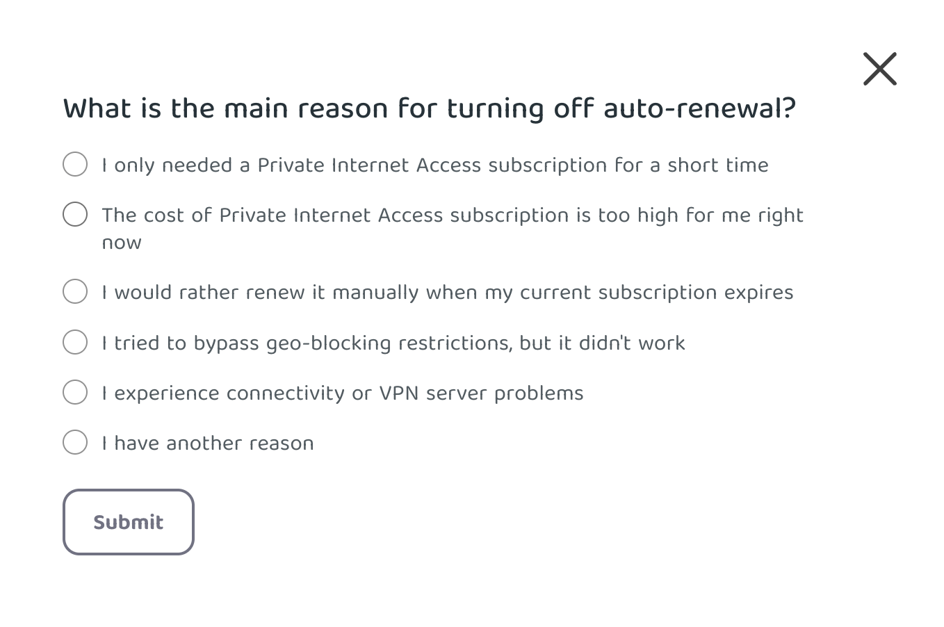 A "What is the main reason for turning off auto-renewal? pop-up in the PIA Client Control Panel.