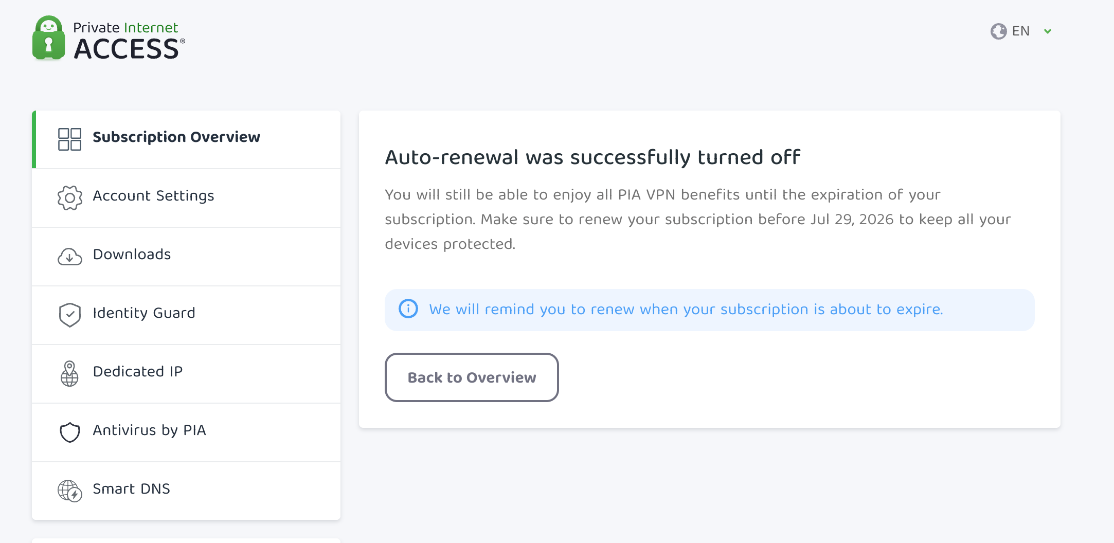 The "Auto-renewal was successfully turned off" message in the PIA client control panel.