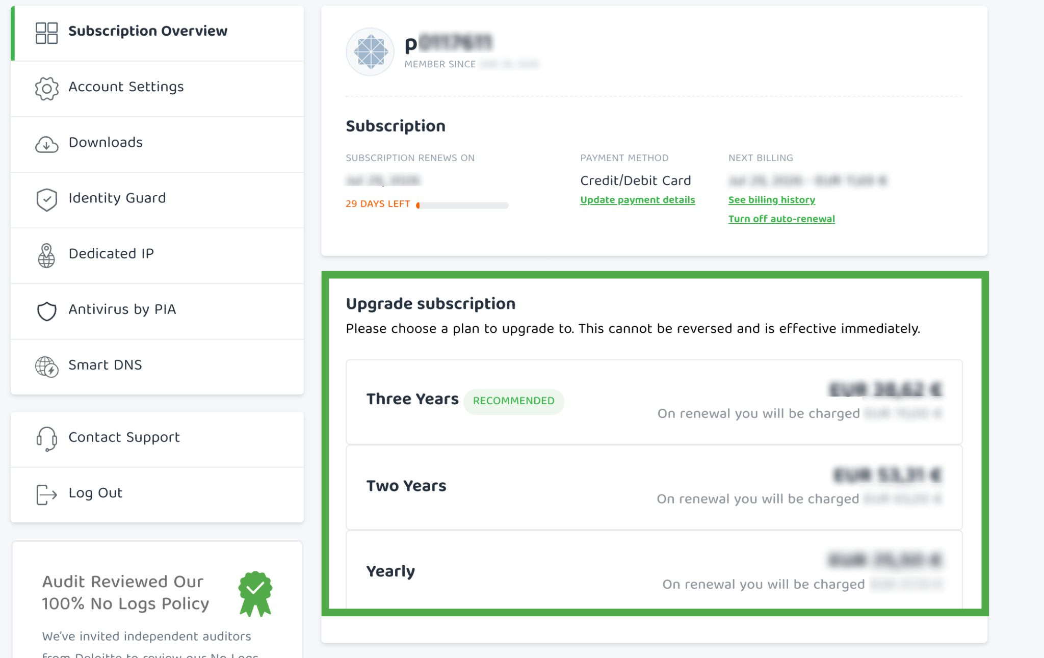  The PIA Client Control Panel, showing a highlighted "Upgrade subscription" section in the "Subscription overview" tab.