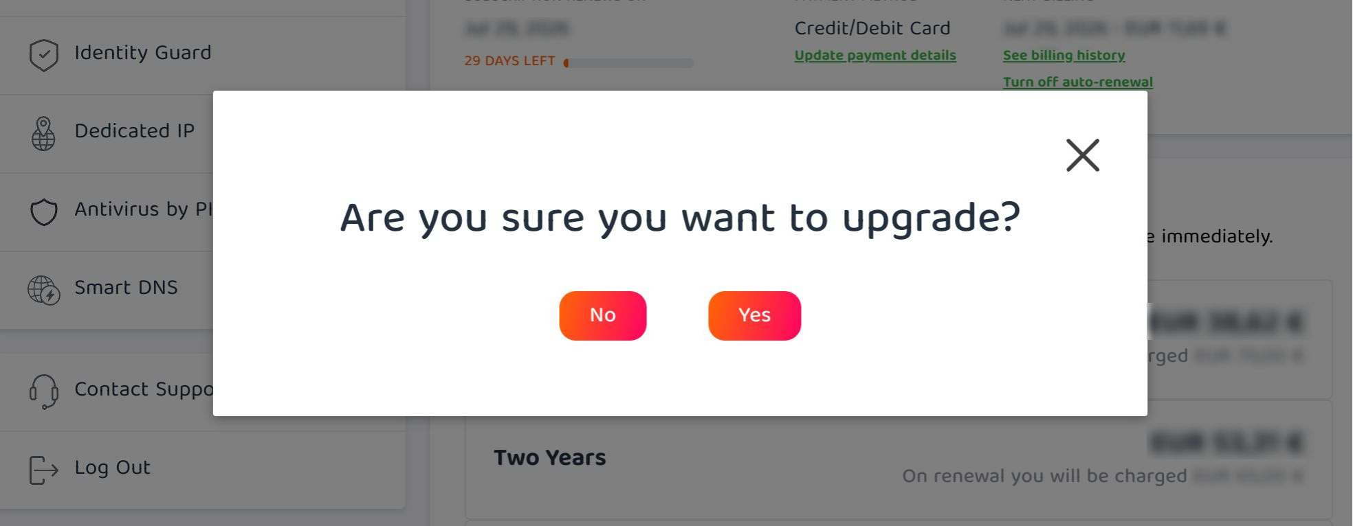 The "Are you sure you want to upgrade?" pop-up in the PIA Client Control Panel.