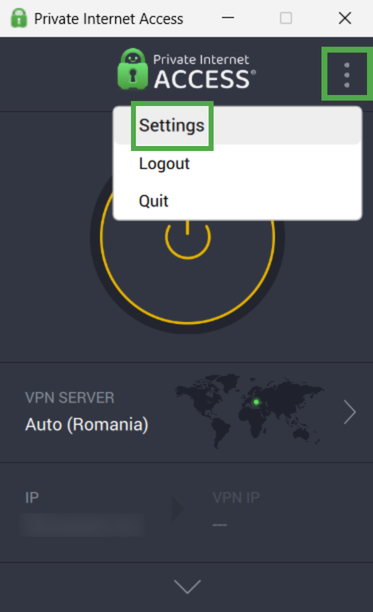 PIA app showing the three-dot icon and the "Settings" option highlighted.